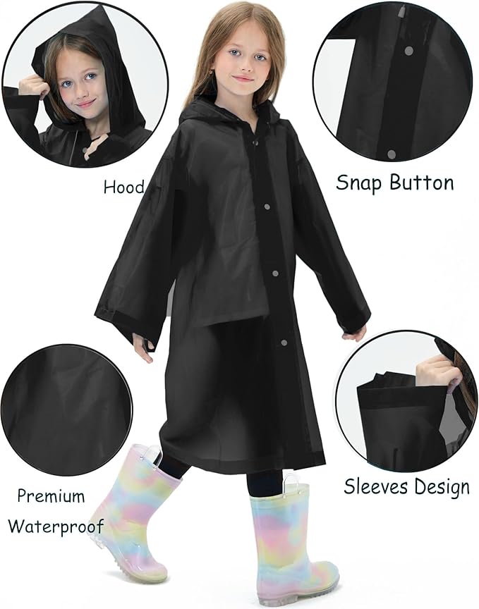 2 Pack Reusable Waterproof Raincoat EVA Emergency Rain Ponchos One Size Rain Jacket for Children, Boys and Girls