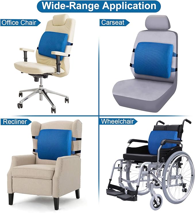 Lumbar Pillow for Chair and Car, Back Support for Office, Memory Foam Cushion with Mesh Cover - Azure