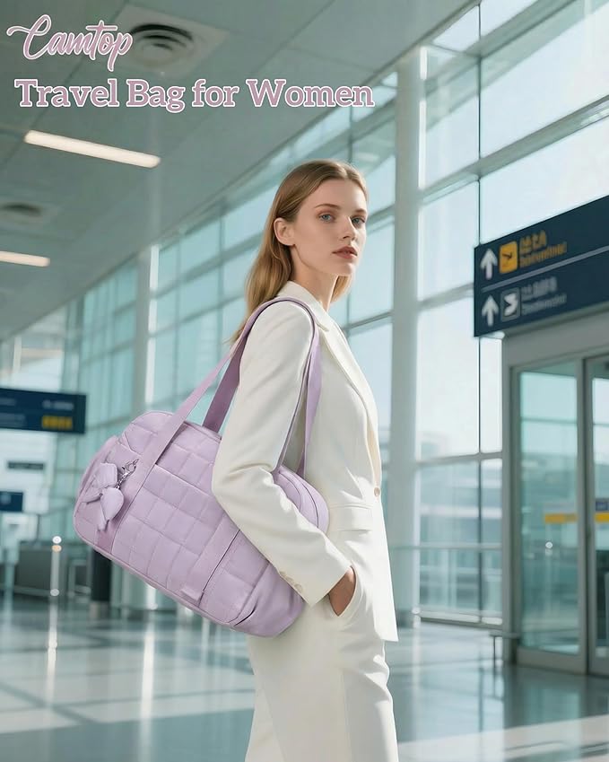 CAMTOP Mini Gym Bag for Women, Small Gym Tote Bag Puffy Quilted Sports Duffel Bag with Wet Compartment and Coin Purse Duffel Bags Dance Yoga Workout Bag for Gifts (Purple, Medium-16")