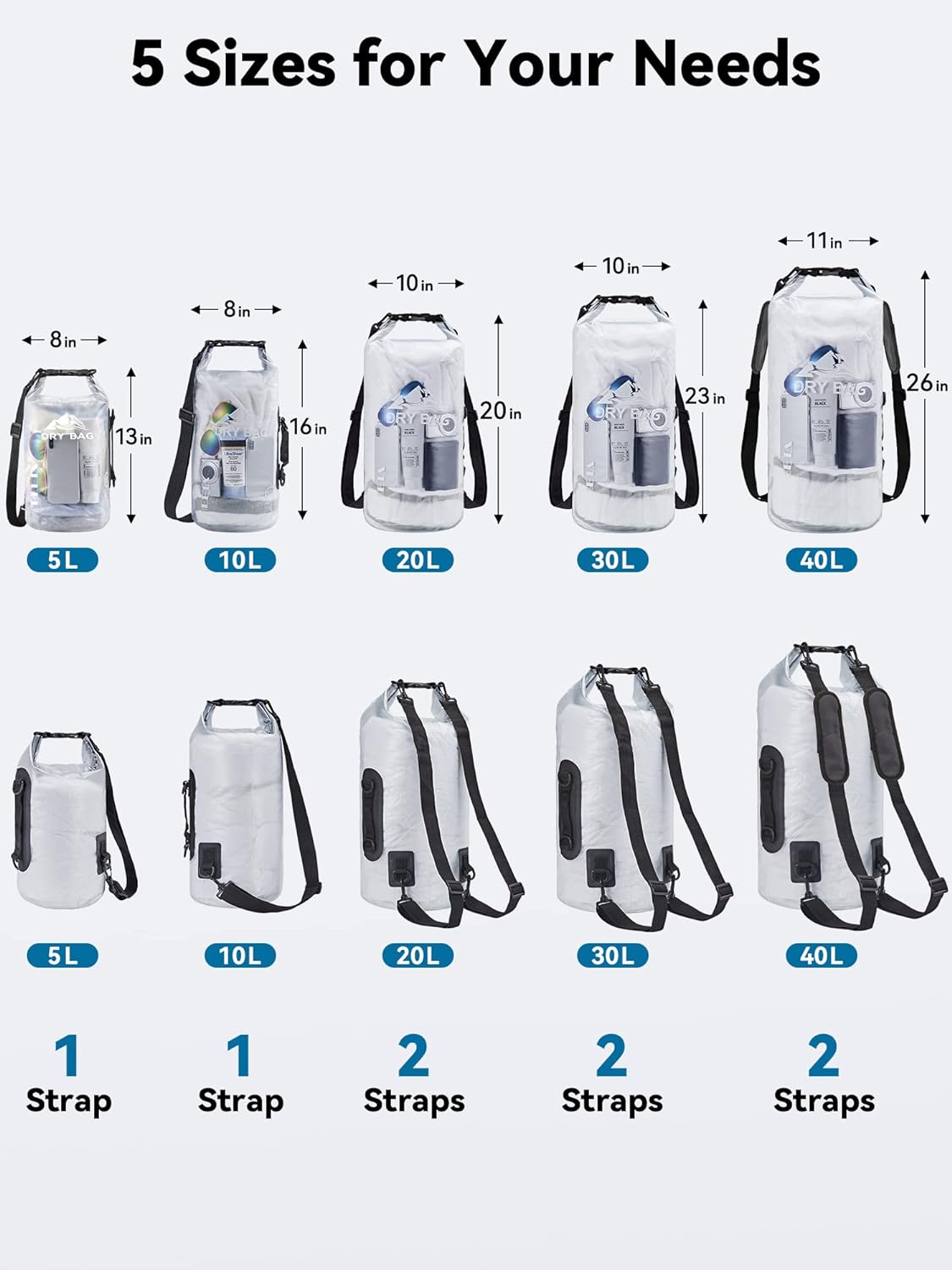 HEETA Dry Bag Waterproof for Women Men, 5L/10L/20L/30L/40L Roll Top Lightweight Dry Storage Bag Backpack with Phone Case for Travel Swimming Boating Kayaking Paddle Board Camping Beach Accessories