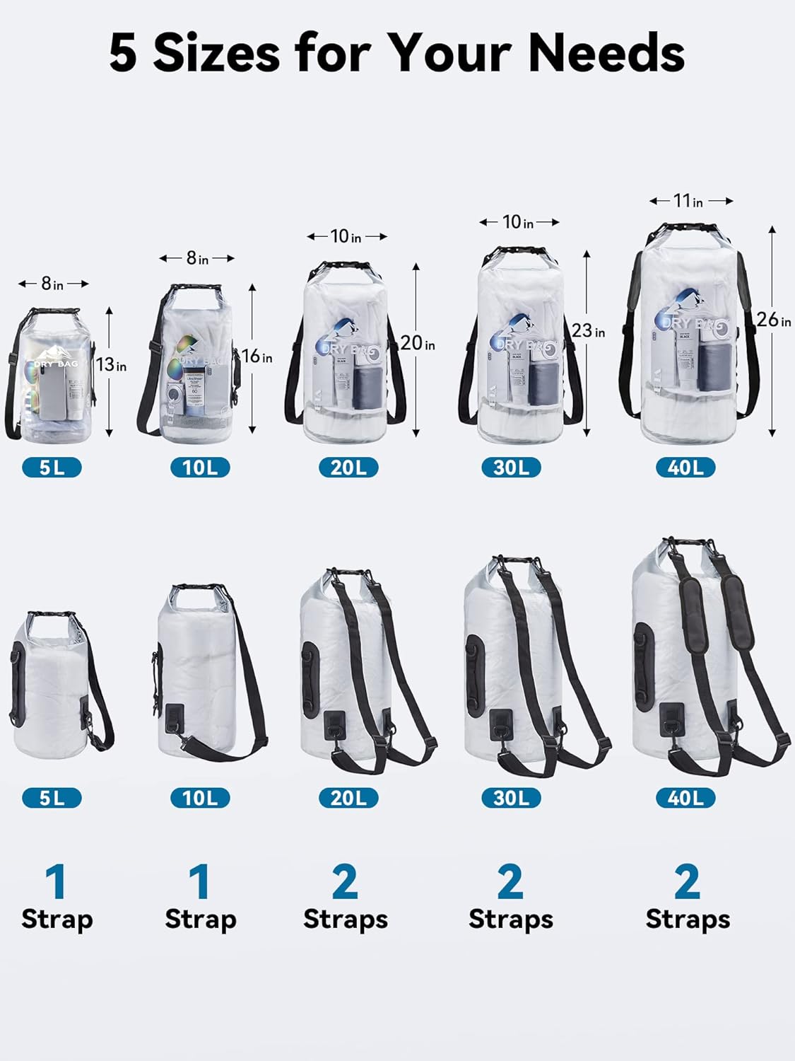 HEETA Dry Bag Waterproof for Women Men, 5L/10L/20L/30L/40L Roll Top Lightweight Dry Storage Bag Backpack with Phone Case for Travel Swimming Boating Kayaking Paddle Board Camping Beach Accessories