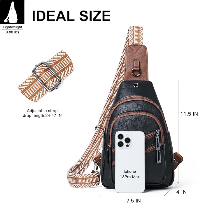 7L Crossboydy Sling Bag for Women Vegan Leather Crossbody Purse Fanny Pack Chest Bag for Travel,Black Brown