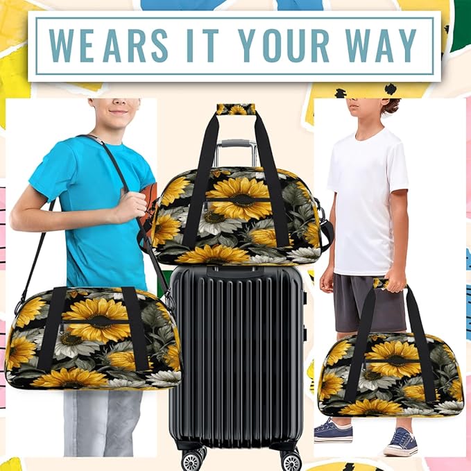 Kids Duffle Bag Girls Boys Yellow Gray Sunflowers Art Weekender Overnight Bag,Lightweight Duffel Bags for Traveling Gym Sport Dance