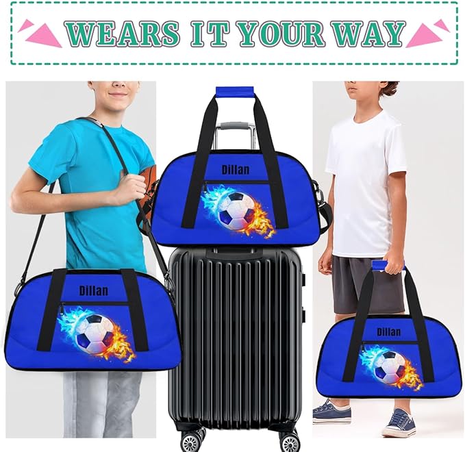 Personalized Name Sports Bag for Kids Boys, Custom Sport Gym Bag for Boys Girls Duffel Fitness Travel Weekender Tote Carry-On Training Perform Bag, Customized Kids Gift Soccer