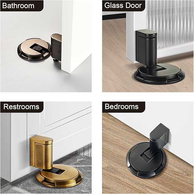 Windproof Door Stopper Indoor Heavy Duty Floor Door Stop Keep Door Open Mechanical No Drilling Door Stopper with Screws and 3M Adhesive, 4 Pack, Grey
