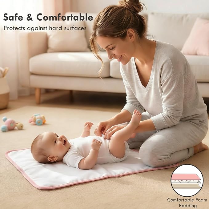 Portable Diaper Changing Pad for Baby - Waterproof Compact Changing Mat with Wrist Strap - Wipeable Travel Changing Pad for Diaper Bag - Gifts for Baby Shower by PHOEBUS BABY(Pink Flowers)