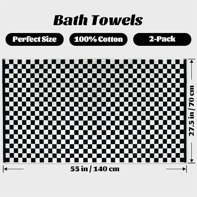 Jacquotha Black & White Checkered Cotton Bath Towels Set of 2 - Cute Aesthetic Towels for Bathroom Decor, Pool, Beach, Spa, 27.5" x 55"