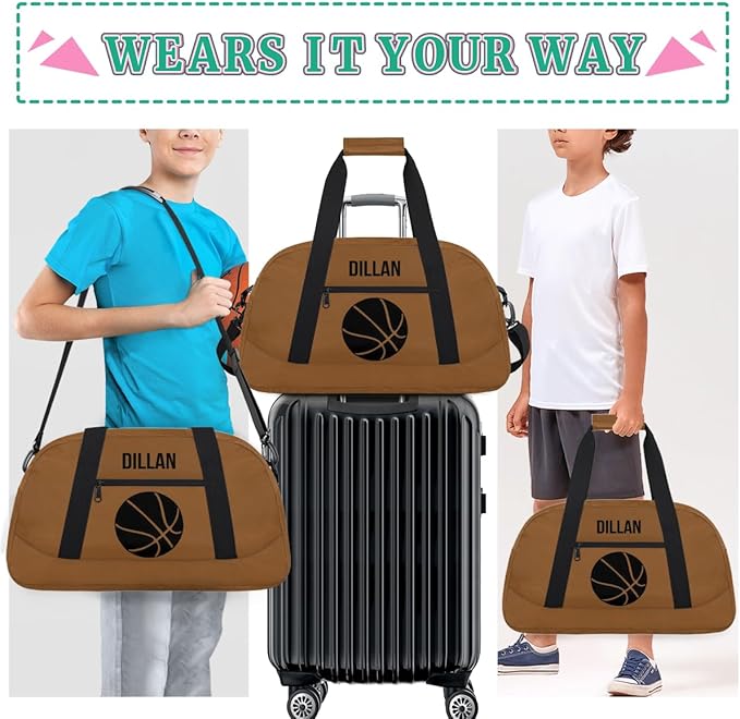 Personalized Small Gym Sport Duffel Bag Custom Name Travel Weekender Tote Carry-On Dance Bag, Customized Kids Gifts,Brown