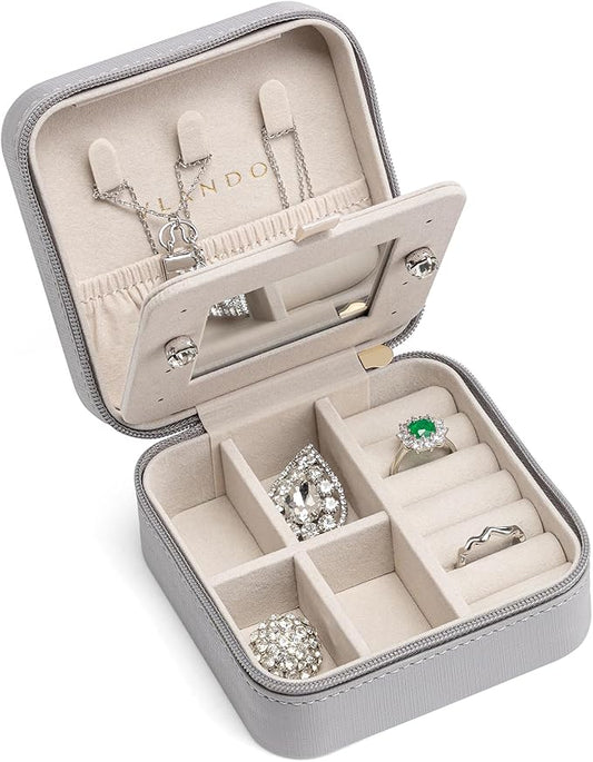 Vlando Small Travel Jewelry Box Organizer - Display Case for Girls Women Gift Rings Earrings Necklaces Storage with Mirror Grey