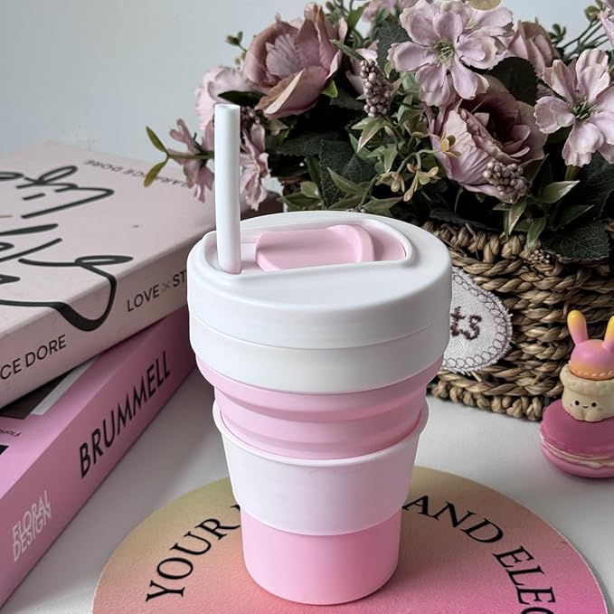 Collapsible Travel Cups- Food Grade Silicone Coffee Cups with Straw Lid 350ml 12oz Lightweight