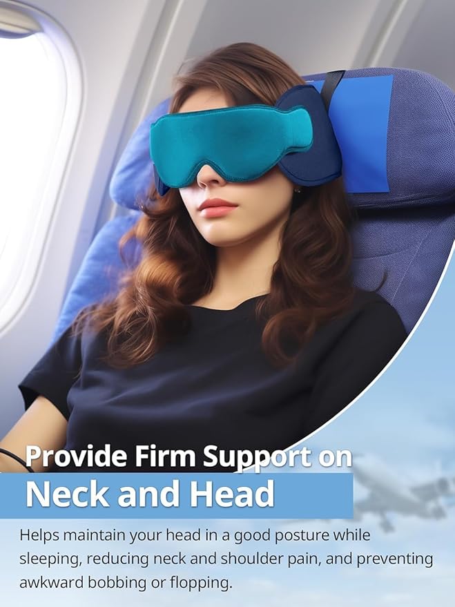 Travel Pillows for Airplanes, 360° Head Support for Long Flight, Soft Airplane Pillow with 3D Eye Mask for Sleeping, Stop Bobblehead, Airplane Headrest Gadgets, Light Black