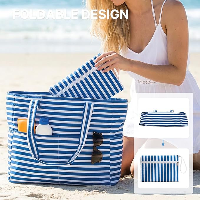 G4Free XL Beach Bag Waterproof Sandproof, Large Foldable Beach Tote with Zipper for Women, Pool Travel Swim Grocery Tote Bag
