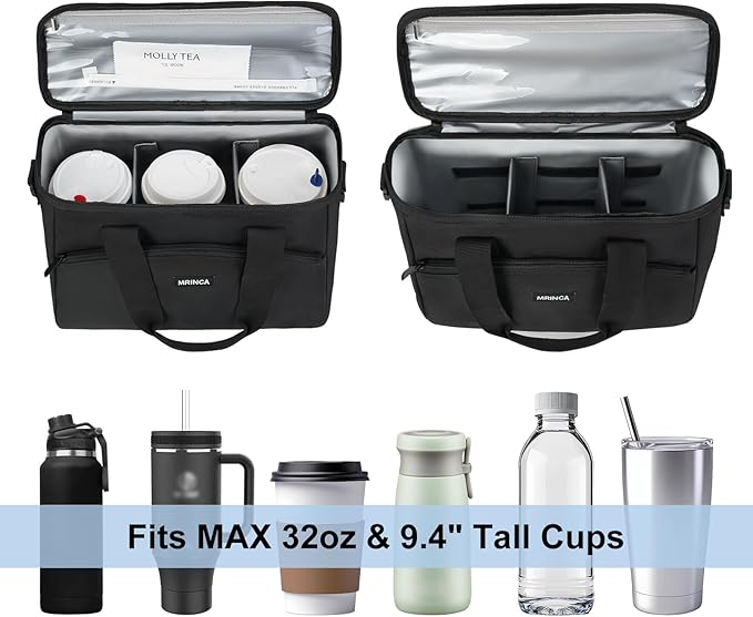 3 Cup Reusable Insulated Drink Carrier, Collapsible & Portable with Leak-Proof Design, Adjustable Dividers & Luggage Strap, Beverage Caddy Holder for Travel, Delivery, Commute