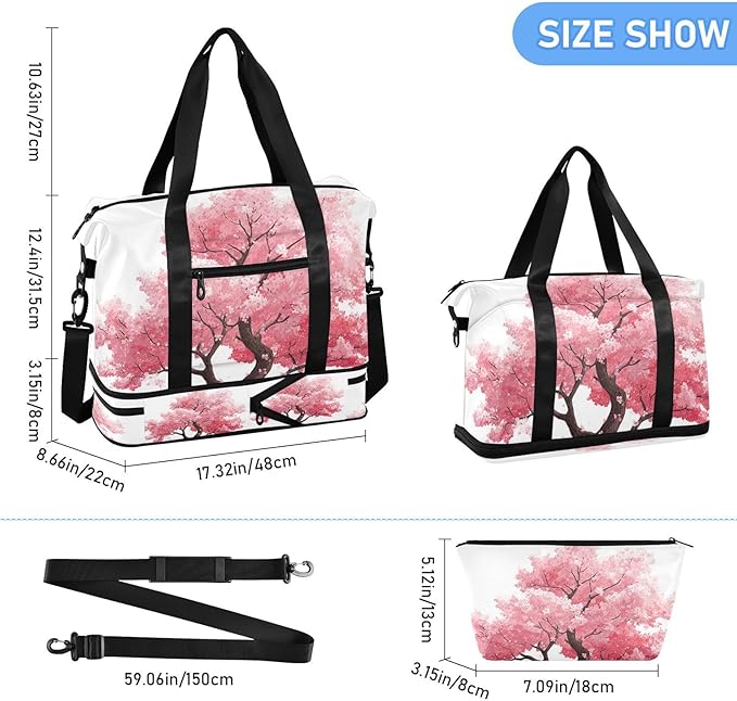 Travel Duffel Bags for Women Vibrant Pink Cherry Blossom Tree Sports Duffel Bags Gym Bags with Shoes Compartment Tote Bag Weekender Bag for Travelling