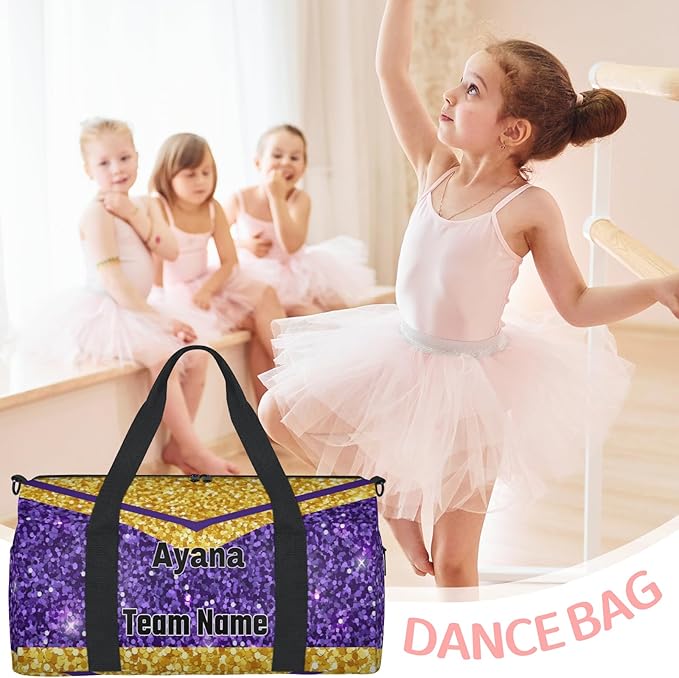 Personalized Cheerleaders' Bag with Team Number, Custom Sport Duffel Weekender Workout Dance Bags for Travel, Gold Purple Sequins Glitter