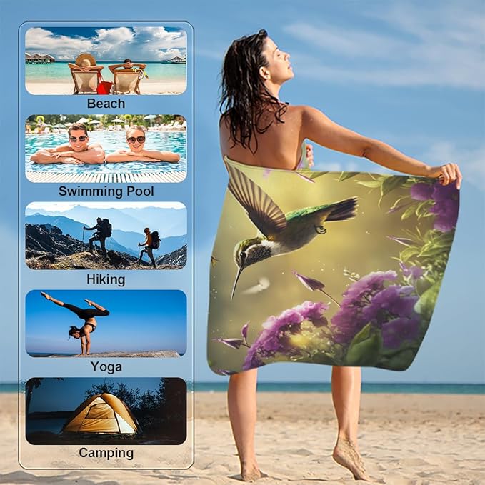 Hummingbird Flower Beach Towel, Large Microfiber Quick Dry Lightweight Pool Bath Towels Sand Free Beach Blanket for Summer Cruise Yoga Camping Travel Vacation Essentials 31 x 61 in