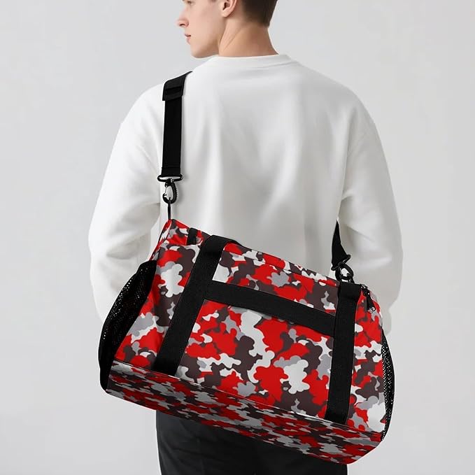 Personalized Red Camouflage Brown Camo Pattern Duffle Bag with Name for Women Man Custom Travel Perform Training Bag for Men Women Luggage Bag