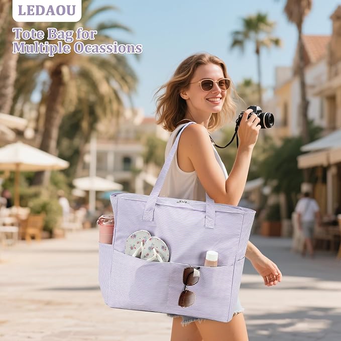 LEDAOU Large Beach Bag Women Waterproof Sandproof Zipper Beach Tote Pool Bag for Swim Gym Grocery Travel with Wet Pocket | Waterproof, Sandproof, Zipper, Pool, Gym, Grocery
