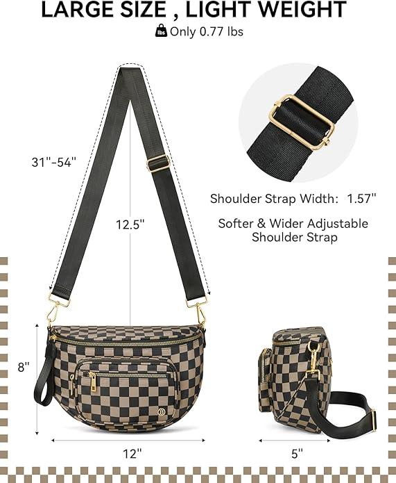 BOSTANTEN Crossbody Bags for Women Cross Body Purse Checkered Bum Bag, Large Diaper Purse for Moms, Perfect for Work/Travel