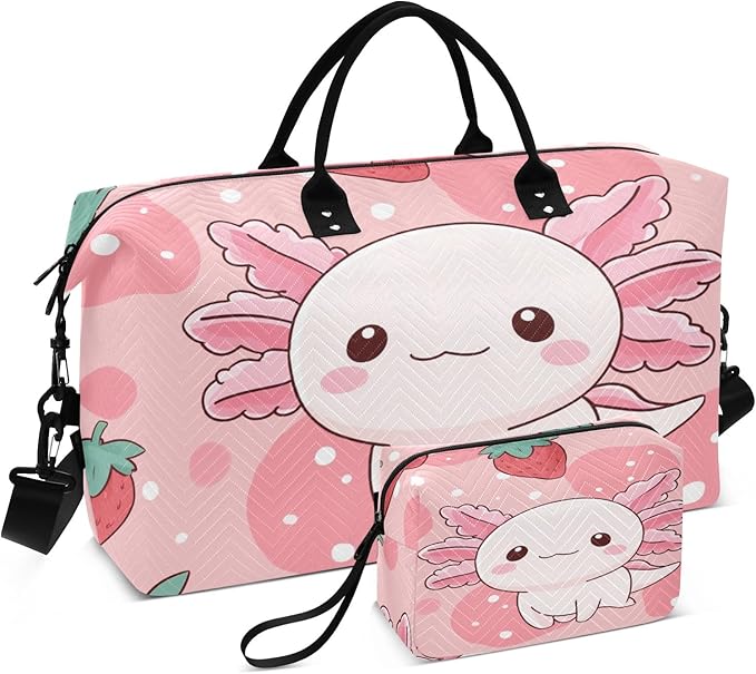 Travel Duffle Bag, Strawberry Axolotl Gym Bag with Storage Bag Weekender Overnight Bag for Men Women Trip Sports Yoga