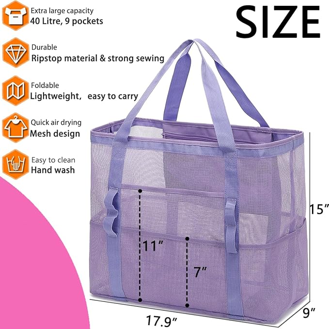 Mesh Beach Bag with Zipper, Large Beach Tote for Women, Toys Pool Swim Bag Travel Vacation Cruise Essentials