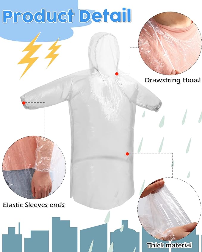 JaGely 80 Pack Disposable Adult Rain Ponchos Bulk Wedding Family Travel Theme Parks Homeless Hooded Elastic Outdoor Raincoat(Clear)