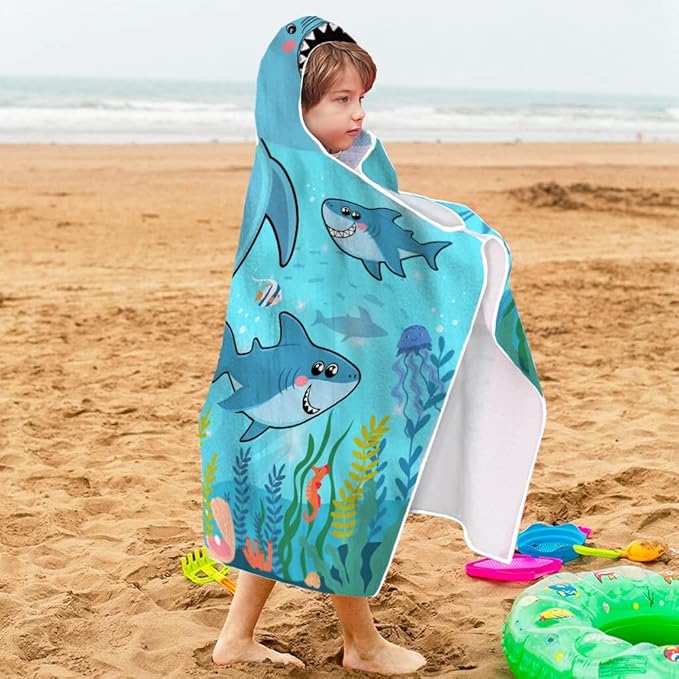 Bonsai Tree Shark Hooded Beach Towel for Kids, Cool Ocean Fishes Bath Towel with Hood for Boys, Funny Sea Animals Microfiber Super Absorbent Soft Poncho Bathrobe for Swin Pool 30”x50”