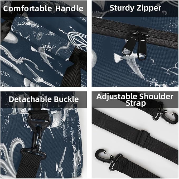 Sports Duffel Bags, Nautical Octopus Boat Water-Resistant Gym Duffle Bag for Men Women, Lightweight Weekender Overnight Bag for Fitness, Workout, Travel