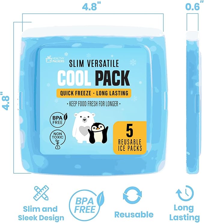 Healthy Packers® Slim Reusable Ice Packs for Lunch Boxes Kids and Adults | Long‑Lasting Thin Freezer Packs for Coolers, Bento Boxes, Lunch Bags, Travel, School Meals, and Meal Prep (5-Pack | Clear)