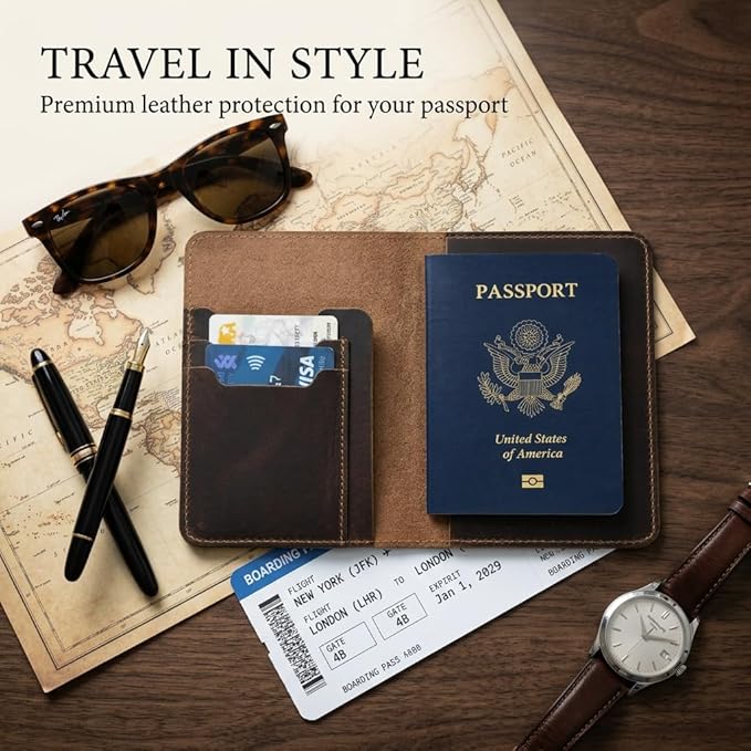 Rustique Leather Passport Holder Collection - Handmade Travel Wallet & Organizer - Full Grain Crazy Horse Leather Covers for Men & Women (Multiple Styles) (Vertical Wallet - Smoky Bourbon)