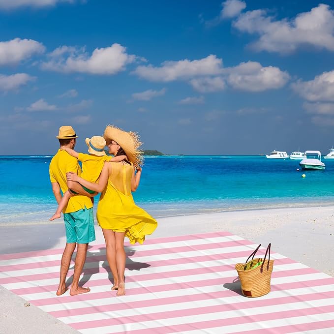 BEW Beach Blanket Sandproof Waterproof, Pink Striped Picnic Blanket Extra Large 9 Ft X 10 Ft for 8 Adults with Stakes and Sand Pocket, Compact Lightweight Sand Free Beach Mat Essential