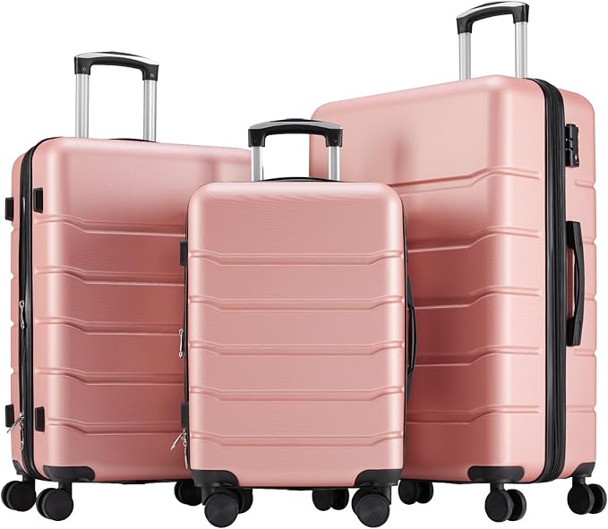 OLIXIS 3-Piece Suitcase Set, Hardside Luggages with Spinner Wheels, Lightweight ABS Hard Shell Travel Luggage, Expandable Carry-On Suitcase with TSA Approved Lock –Pink(20+24+28 Inch)