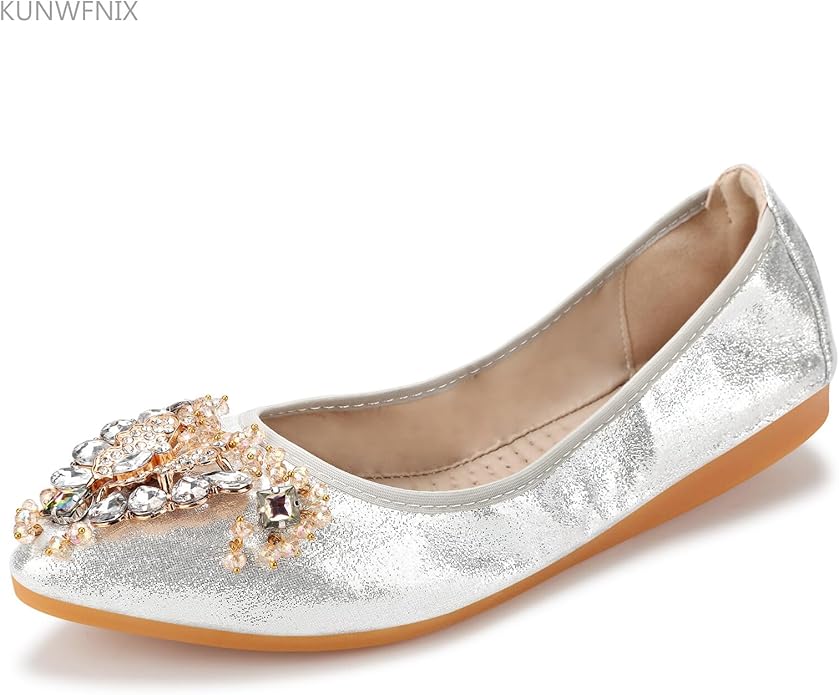 KUNWFNIX Women Ballet Flats Rhinestone Wedding Ballerina Shoes Foldable Sparkly Comfort Slip on Flat Shoes