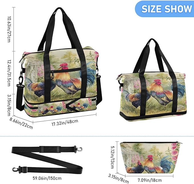 Travel Duffel Bags for Women Country Rooster Painting Print Sports Duffel Bags Gym Bags with Shoes Compartment Tote Bag Weekender Bag for Travelling