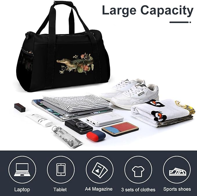 Crocodile Botany Flower Duffle Bag Gym Bag for Workout Travel Tote with Detachable Straps