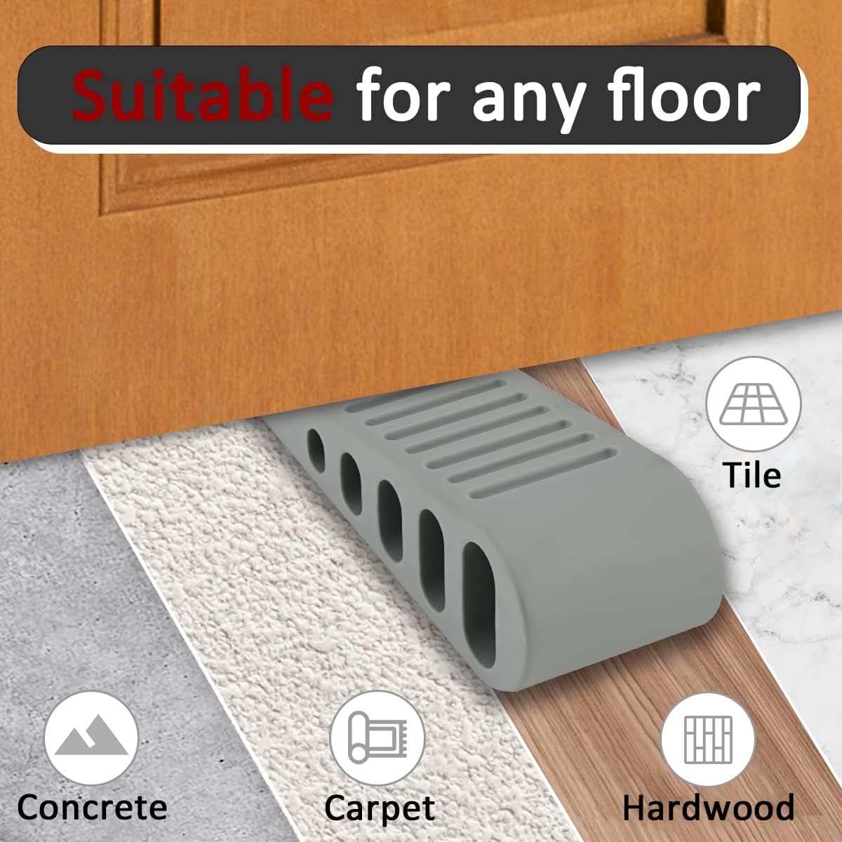 JQK Rubber Door Stopper Wedge, Grey 4 Pack Soft TPR Premium Door Stops for Bottom of Heavy Duty Door on Tile, Concrete, Carpet, Wooden Floor, DSB61-GY-P4