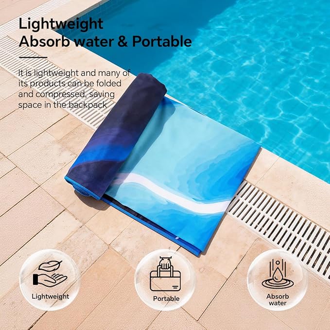 2-Pack Extra Large Microfiber Beach Towels 63×31 Inches Sand-Resistant Design Ultra-Fast Drying Lightweight Foldable Travel Towels Perfect for Pool, Swimming, Gym, Camping, Yoga