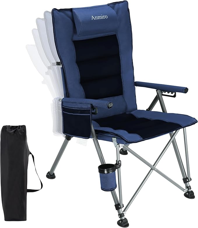 Folding Camping Chair with Cup Holder and Storage Bag, Heavy Duty Support 400 LBS, Oversized Collapsible Portable Adjustable Back Support Camping Chair for Outdoor (Adjustable-Blue)