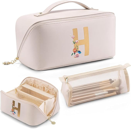 Vlando Gifts for Girls Travelers,Preppy Makeup Bag,Large Capacity Travel Makeup Bag,Monogrammed Graduation Gifts for Friends Female Daughter(Letter H)