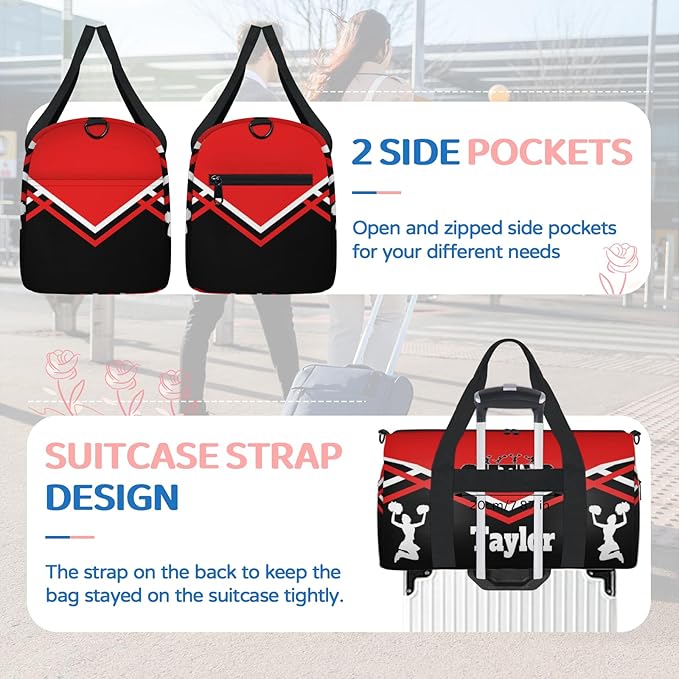 Custom Name Sports CHEER Bag for Teens, Personalized Gym Travel Weekender Tote Carry-On Bag, Red with Black Cheerleader Team