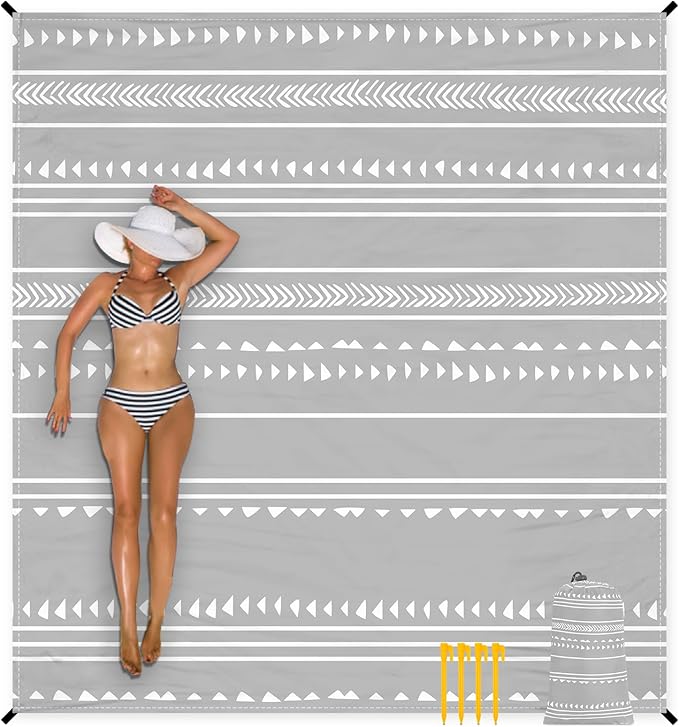 Extra Large 110''×118'' Beach Blanket for 8 Adults, Outdoor Beach Mat Sand Free Waterproof with 4 Stakes & 4 Corner Pockets, Polyester Lightweight Foldable Grey Picnic Mat for Travel, Camping, Hiking
