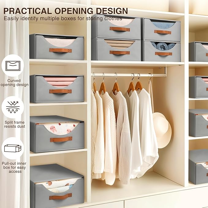 Stackable Storage Drawers - Large Collapsible Storage Bins with Drawers, 6 Pack Closet Shelf Organizer Basket, Fabric Pull Out Organizer for Bedroom, Living Room, Dorm, Grey