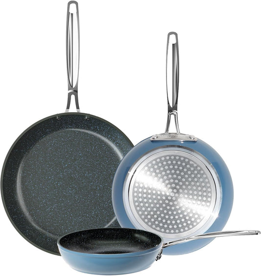 Nuwave 3-Piece 8”, 10”, 12” Forged Lightweight Frying Pan Set, G10 Healthy Duralon Blue Ceramic Ultra Non-Stick, Ergonomic Stay-Cool Handles, Induction-Ready & Works on All Cooktops
