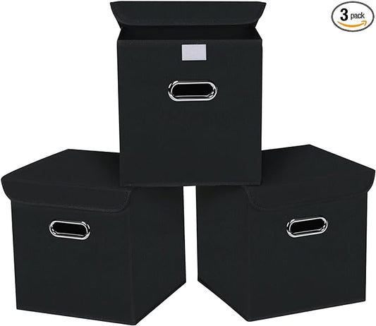 Closet Organizers Fabric Storage Bins With Lids Collapsible Cube Storage Organizer Basket With Handles,Storage Boxes for Clothes Storage,Office,Toys,3 Pack,（Black