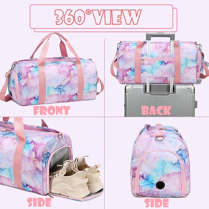 Dance Bag for Girls Gymnastics Ballet Bag Teens Gym Sports Bags Girls Overnight Sleepover Kids Duffle Bags with Shoe Compartments and Wet Pocket,Marble Pink
