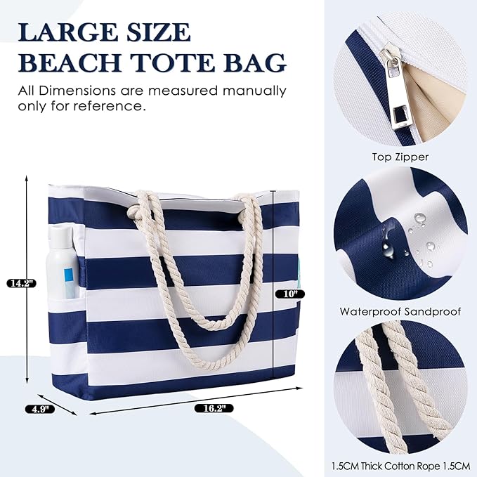Pleneal Beach Bags For Women - Large Beach Bags with Zipper Waterproof Sandproof Swim Pool Beach Bag