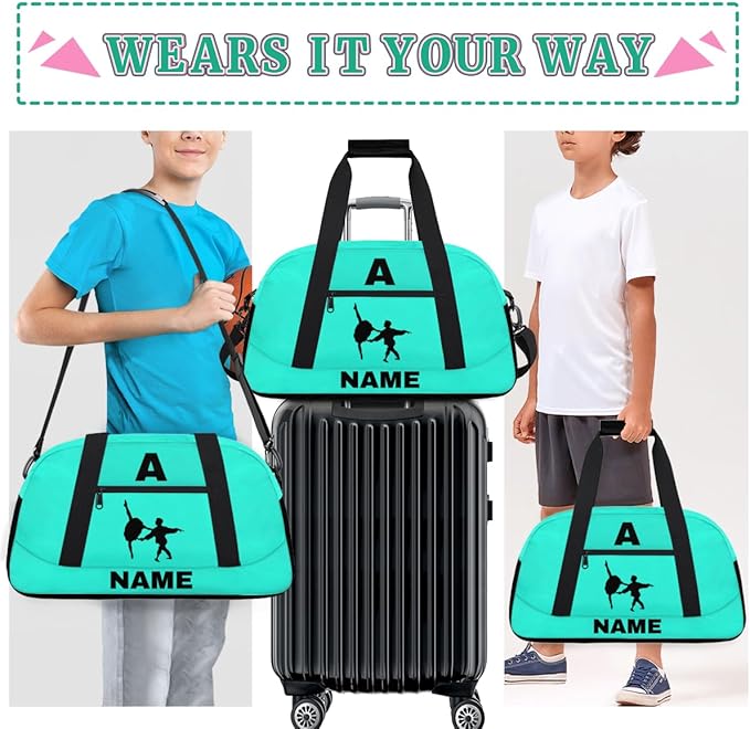 Personalize-Kids-Sports-Duffel-Bags With Custom Name Text Carry-On Overnight Travel Gym Lightweight Dance Pattern Sports Bags For Girls Boys Kids,Cyan
