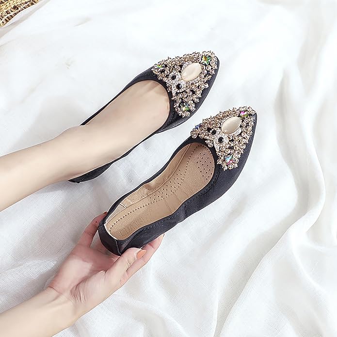 Women Ballet Flats Sparkly Rhinestone Wedding Ballerina Shoes Pointed Toe Foldable Comfort Slip on Flat Dress Shoes
