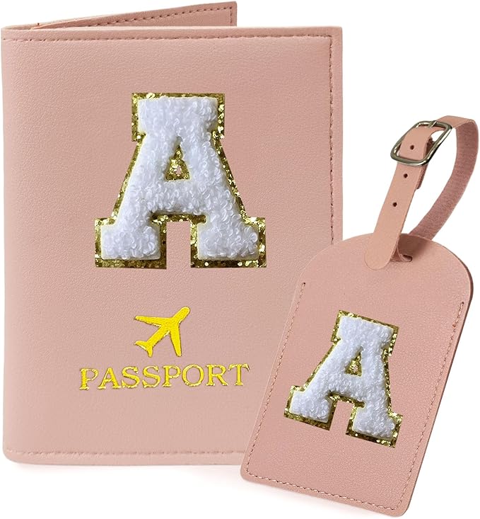 COSHAYSOO Pink Passport Cover Book Holder Travel Luggage Tag Set for Women Teen Girls with Initial Monogram Letter, Cute Airplane Essentials Personalized Cruise Accessories Trip Favor Gifts A