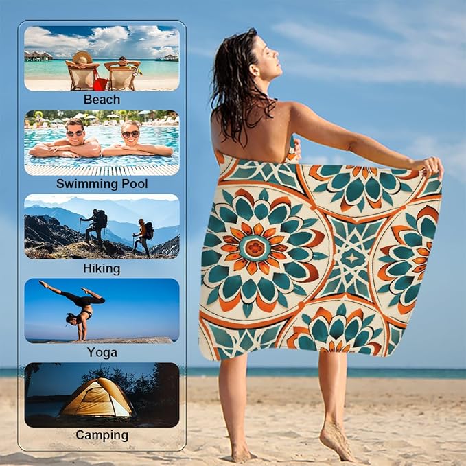 Ethnic Style Mandala Floral Beach Towel, Large Microfiber Quick Dry Lightweight Pool Bath Towels Sand Free Beach Blanket for Summer Cruise Yoga Camping Travel Vacation Essentials 31 x 61 in